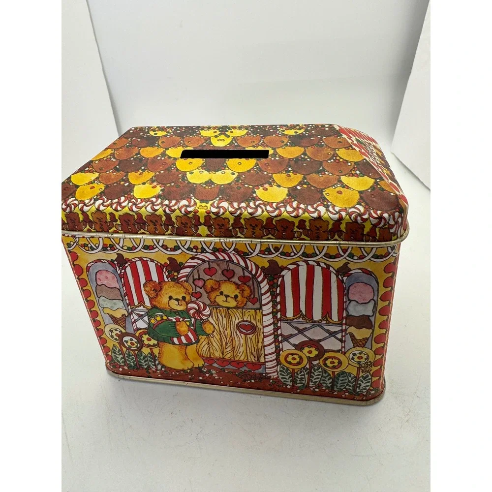 Vintage Teddy Bear Cookie Tin Candy House Piggy Bank Collectible Storage Box